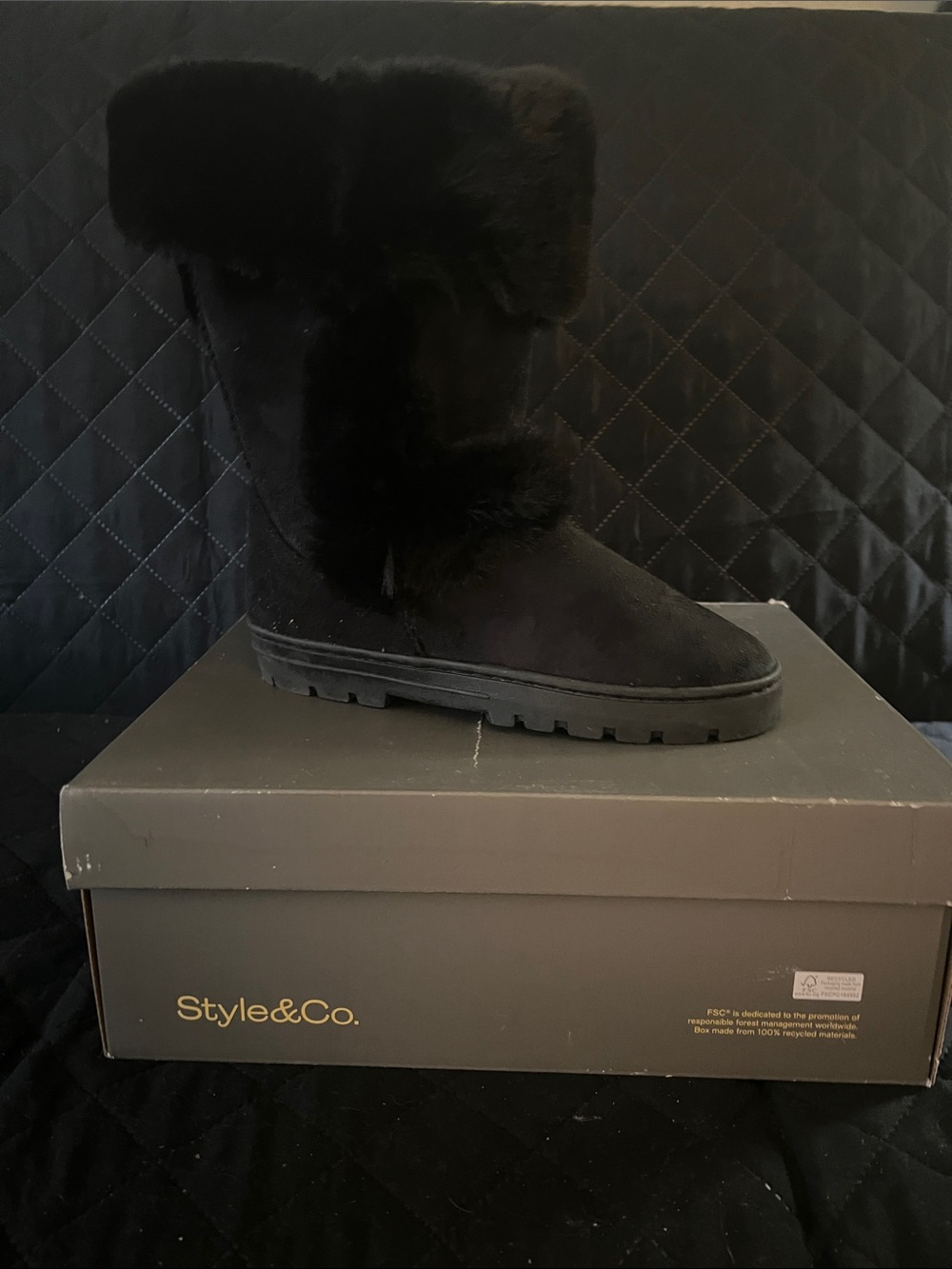 Style & Co. Black Faux Fur Trim Winter Mid-Calf Boots